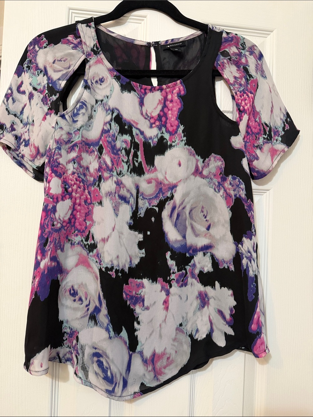 I Heart Ronson Black Floral Cold-Shoulder Blouse with Purple and Pink Accents